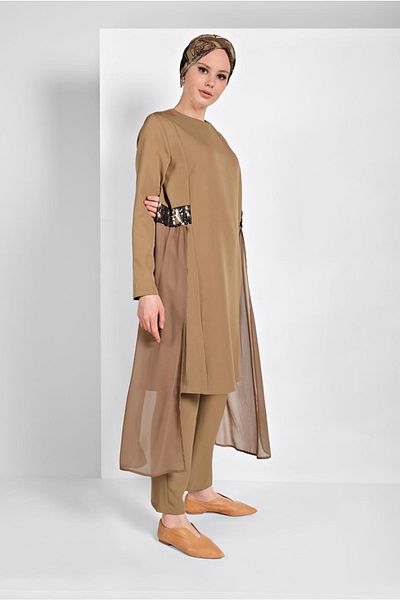 TRENDTESETTÜR Γυναικείο καφέ (CAMEL) παγιέτες τούλι Λεπτομερές σετ παντελονιού 2 τεμαχίων 2255