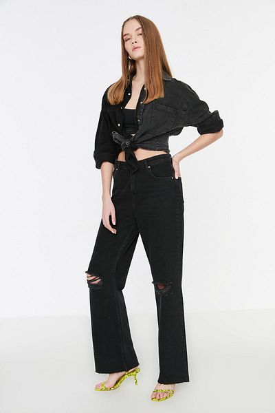 Trendyol Collection Μαύρο τζιν με ψηλόμεσο φαρδύ πόδι TWOAW21JE0539