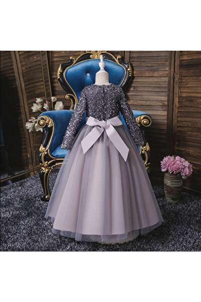 Mashotrend Gri Zara Payetli Çocuk Abiye - Kız Çocuk Elbise - Kız Çocuk Balo Elbise - Noel Elbise