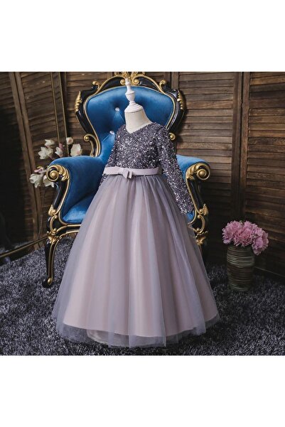 Mashotrend Gri Zara Payetli Çocuk Abiye - Kız Çocuk Elbise - Kız Çocuk Balo Elbise - Noel Elbise