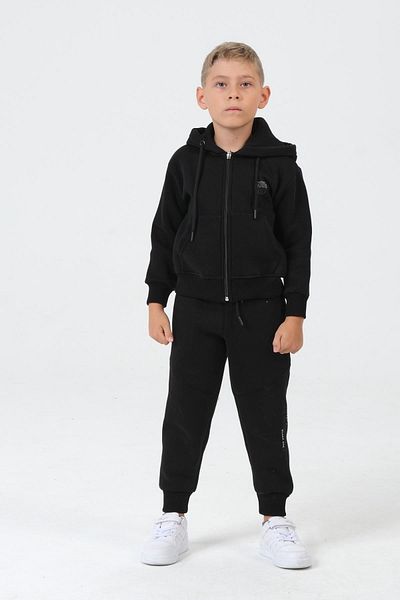 Black One Boy's Double Pocket Hooded Zippered 3 Thread Fabric Children's Tracksuit Set with Cord