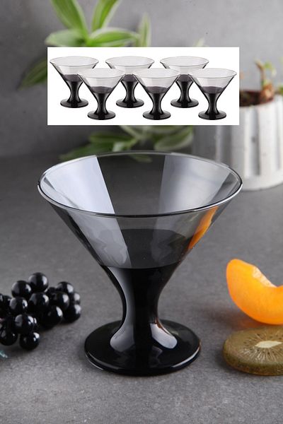 WuuQ Luxury - Glass Set of 6 Footed Magnolia, pudding, ice cream and snack Bowl Cups - Black Smoked Color