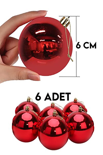 Parti dolabı 6 Adet Büyük Boy Kırmızı Yılbaşı Çam Ağaçı Süsü Yeni Yıl Noel Dekor Parlak Cici Top Süs 6cm