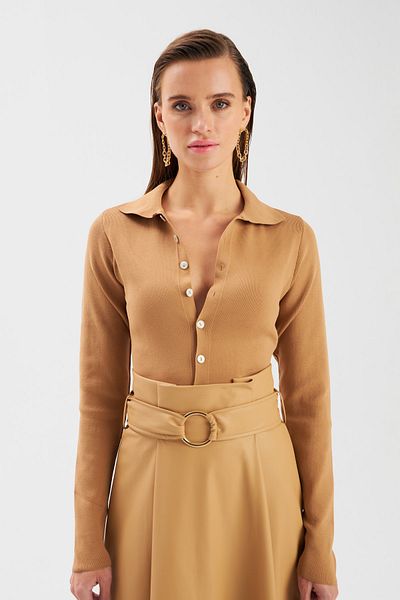 Sateen Button Detailed Knitwear Crop - Mink