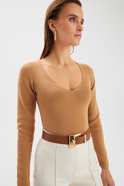 Sateen V-Neck Knitwear Crop - Mink
