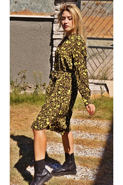 CATTLEYAS Haki Yeşil Leopar Desenli Elbise