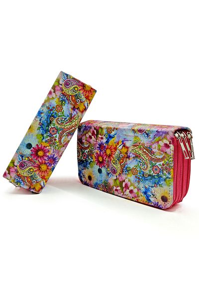 Limmy Μολυβοθήκη Ethnic Flower Buta Patterned Kawai Organizer Θήκη για στυλό Vegan Δερμάτινη θήκη για στυλό τριών διαμερισμάτων