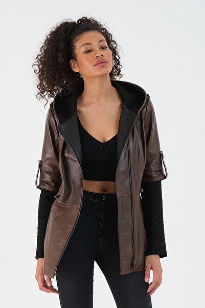 nero leather fur Leather - Kapüşon Trikolu Kadın Deri Mont Hn107