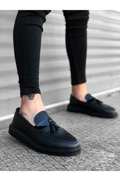 BOA Ba0005 Laceless High Sole Classic Black Shiny Belted Tassel Men's Shoes