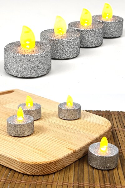 Binbirreyon Pilli Tealight Mum 4 Adetli Simli Parlak Gövde Titreyen Alevli Mu...