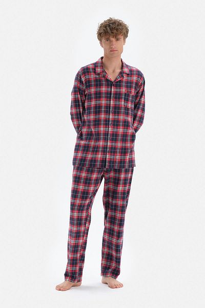 Dagi Red Jacket Collar Piping Plaid Woven Pajama Set