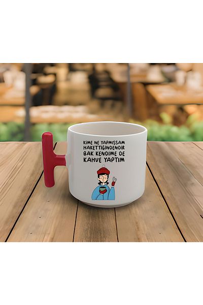 GünayStore Latte & Espresso Handmade Coffee Motto Red T Handle Mug 200 Ml