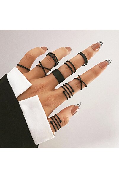 Ervalina 9'lu Siyah Renk Kombin Yüzük Set 1526 (4 ADEDİ AYARLANABİLİR)