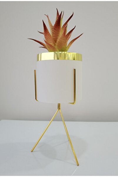 Liv Stil Metal Ayaklı Yapay Çiçekli Dekoratif Beton Saksı - Gold