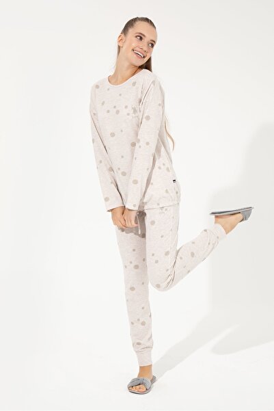 U.S. Polo Assn. Set de pijamale pentru femei, cu decolteu rotund, cu model, bej