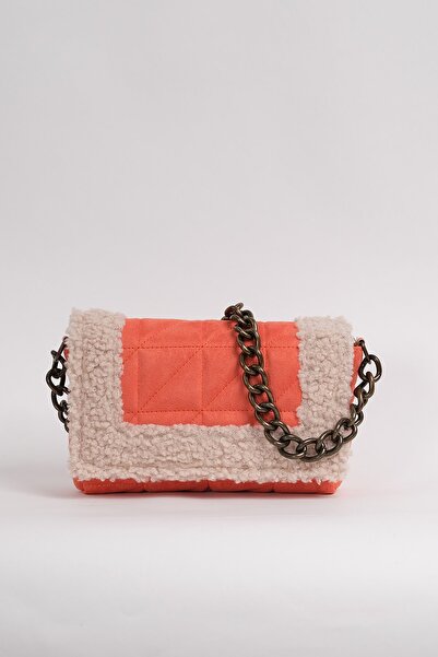 Çantacımstore Kadın Suni Yün Detaylı Kapitone Kalın Süet Kol Çantası Turuncu
