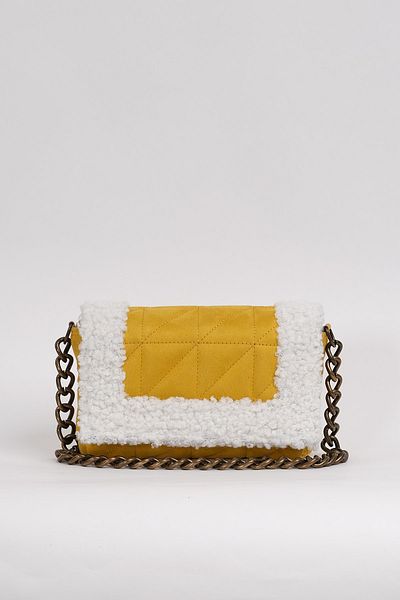 Çantacımstore Women's Faux Wool Detailed Quilted Thick Suede Shoulder Bag Yellow