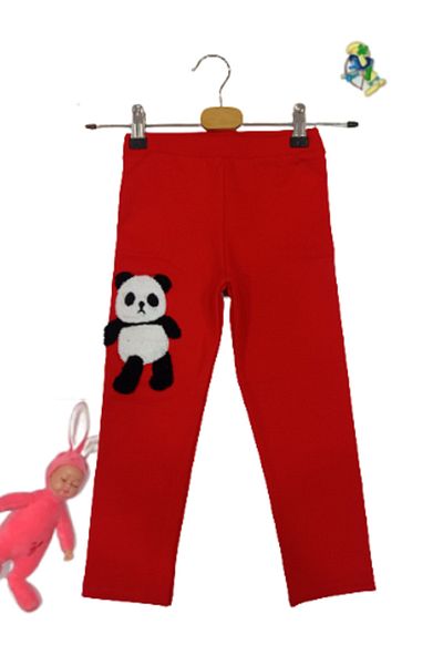 X-Joy Girl's 1-9 Years Panda Embroidery 2 Thread Combed Cotton Ribbed Inside Tights Red