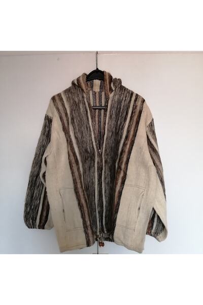 Butik Tülin Unisex Otantik Alpaka Lama Yünü Kemik Çizgili Kapüşonlu Fermuarlı...