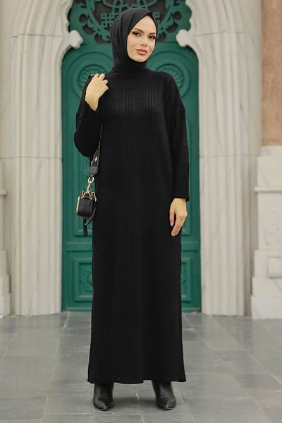 Neva Style - Rochie tricotată Hijab neagră cu guler înalt 34150s