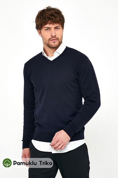 MRS CLOTHING Тъмносин мъжки вълнен пуловер с V-образно деколте, трикотаж Slim Fit Slim Fit, мека текстура без надраскване