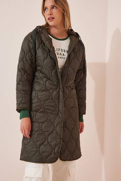 Happiness İstanbul Khakifarbener Steppmantel mit Kapuze für Damen HM00052