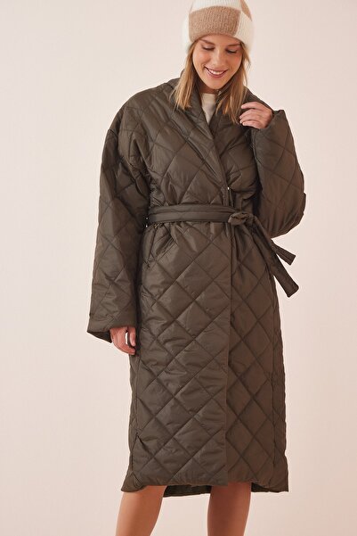 Happiness İstanbul Dámský khaki šálový límec oversize prošívaný kabát HM00053