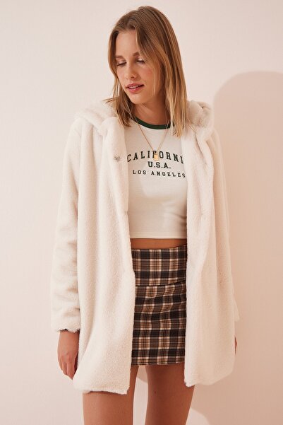 Happiness İstanbul Női krémszínű kapucnis műszőrme RV00082