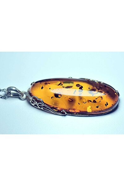 TAŞMABETİ Damla Kehribar Fosilli Gümüş Kolye Ucu Doğal Taş