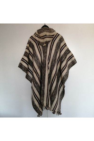 Butik Tülin Women's Authentic Alpaca Llama Wool Bone Brown Black Gray Color Striped Hooded Poncho Peru