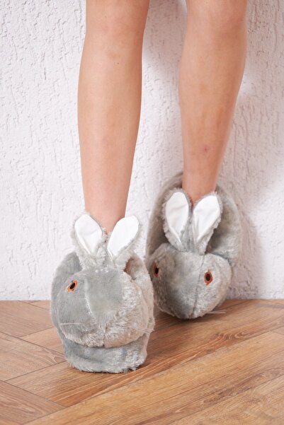 ALTUNTAŞ Kadın - Kız Tavşan Figürlü Peluş Ev Panduf Modeli - Gri