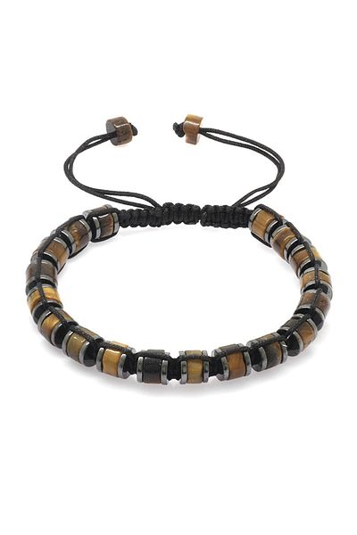 Tesbihane Cylinder Cut Macrame Braided Natural Stone Men's Bracelet with Tiger Eye-Hematite Combination