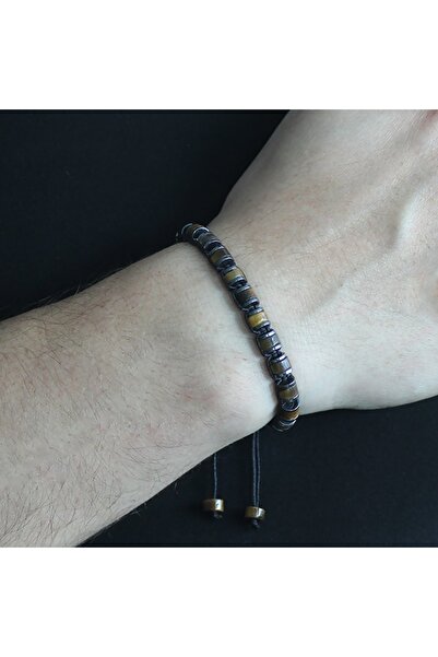 Tesbihane Silindir Kesim Makrome Örgülü Kaplangözü-hematit Kombinli Doğaltaş Erkek Bileklik