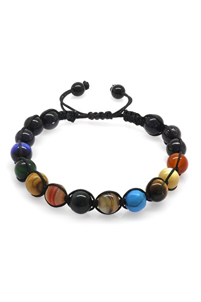 Tesbihane Makrome Örgülü Küre Kesim Çoklu Doğaltaş Yıldız-gezegen Kombinli Erkek Şans Bilekliği