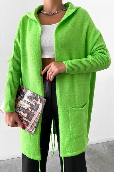 FEMELLE Cardigan de damă, verde deschis, cu mânecă liliac, cu buzunar dublu, largi, supradimensionat, mărime standard, tricotaj cu glugă