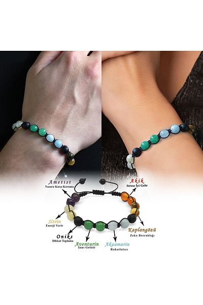 Tesbihane Globe Cut Macrame Braided Multicolor Natural Stone 2-Piece Bracelet Set - Women and Men