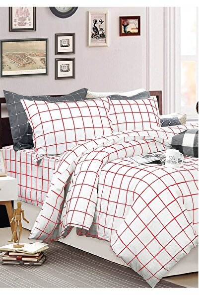 Alla Turca Red and White Checkered Double Ranforce Duvet Cover Set with Oversize Sheets
