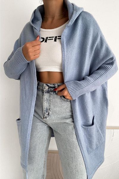 FEMELLE Damen Strickjacke, Babyblau, Fledermausärmel, Doppeltasche, lockere Oversize-Standardgröße, mit Kapuze