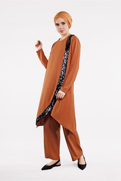 TRENDTESETTÜR Women's Orange (ORANGE) Sequin Detailed Asymmetrical 2-Piece Suit 5647