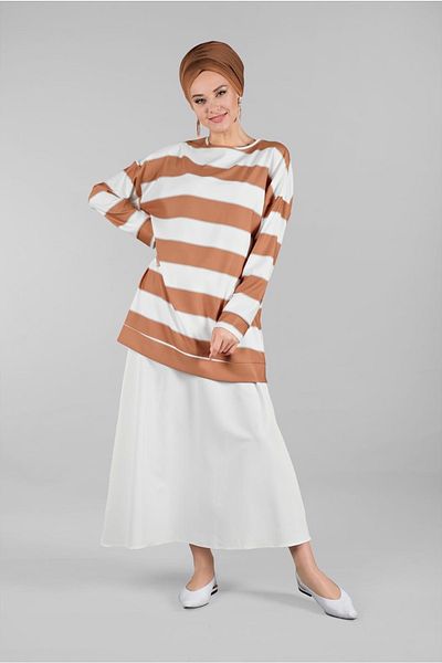 TRENDTESETTÜR Γυναικεία Μαύρη (TABA-CREAM) Σετ Φούστα με Χοντρή Ρίγα 89201