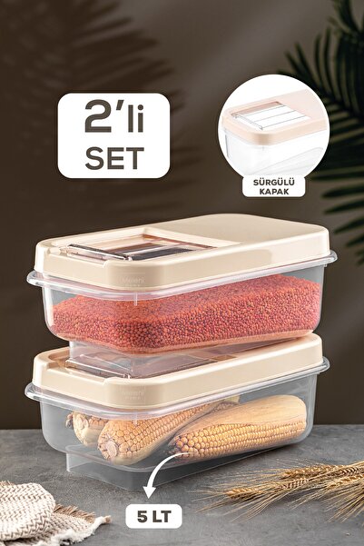 Meleni Home 2-Piece Multibox 5 Lt Pulses Storage Container - Food Storage Container with Sliding Lid Flour Container Cream