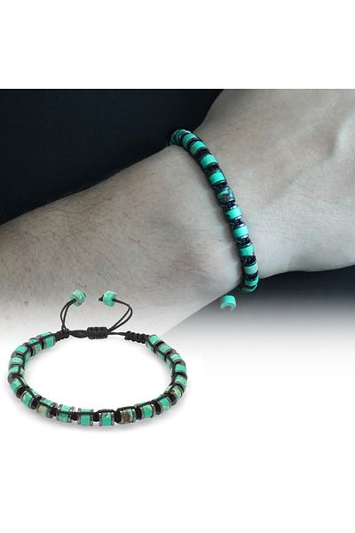 Tesbihane Cylinder Cut Macrame Braided Green Varicide-hematite Combination Natural Stone Men's Bracelet
