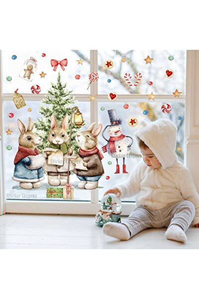 Sticker Ekspres Cute Christmas Bunnies And Snowmen New Year Glass Door Wall S...