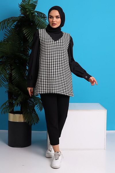 CNG MODA Women's Houndstooth Patterned Tweed Sweater