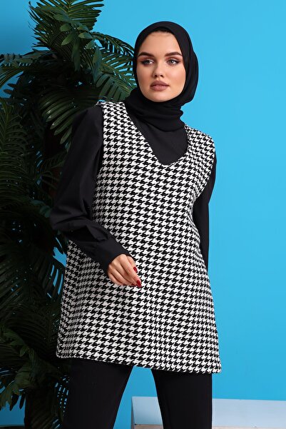 CNG MODA Women's Houndstooth Patterned Tweed Sweater