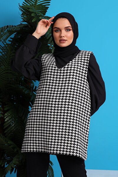 CNG MODA Women's Houndstooth Patterned Tweed Sweater