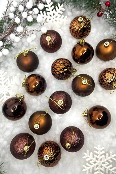 Huzur Party Store Σετ 16 Χρωματιστά Στολίδια Χριστουγεννιάτικου Δέντρου σε Χρώμα Σοκολάτας, Μπάλες 6 εκ., Ασημί, Ματ, Γυαλιστερό, Ανάγλυφο Καφέ
