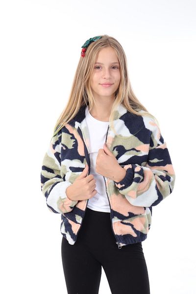 elektrogalaksi Green Powder Patterned Hooded Unisex Children's Winter Fleece Coat with Pockets