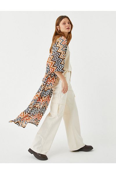 Koton Langer Kimono mit Zickzackmuster und Gürtel