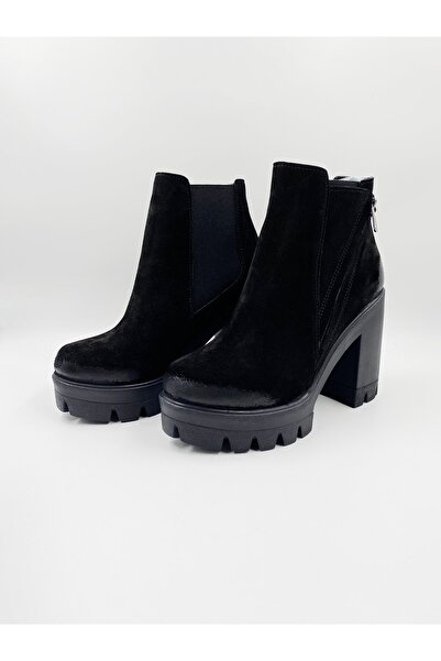 Impero Kadın Siyah Hakiki Deri Lastikli Yüksek Kalın Topuklu Bot